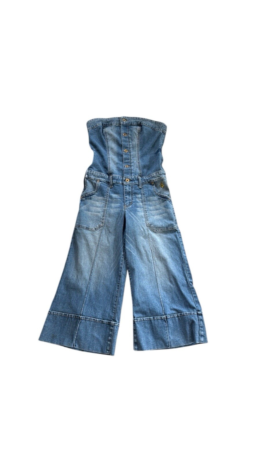 Y2K Baby Phat Strapless Light Denim Jumpsuit Cropped & Cuffed Wide Legs Size 7