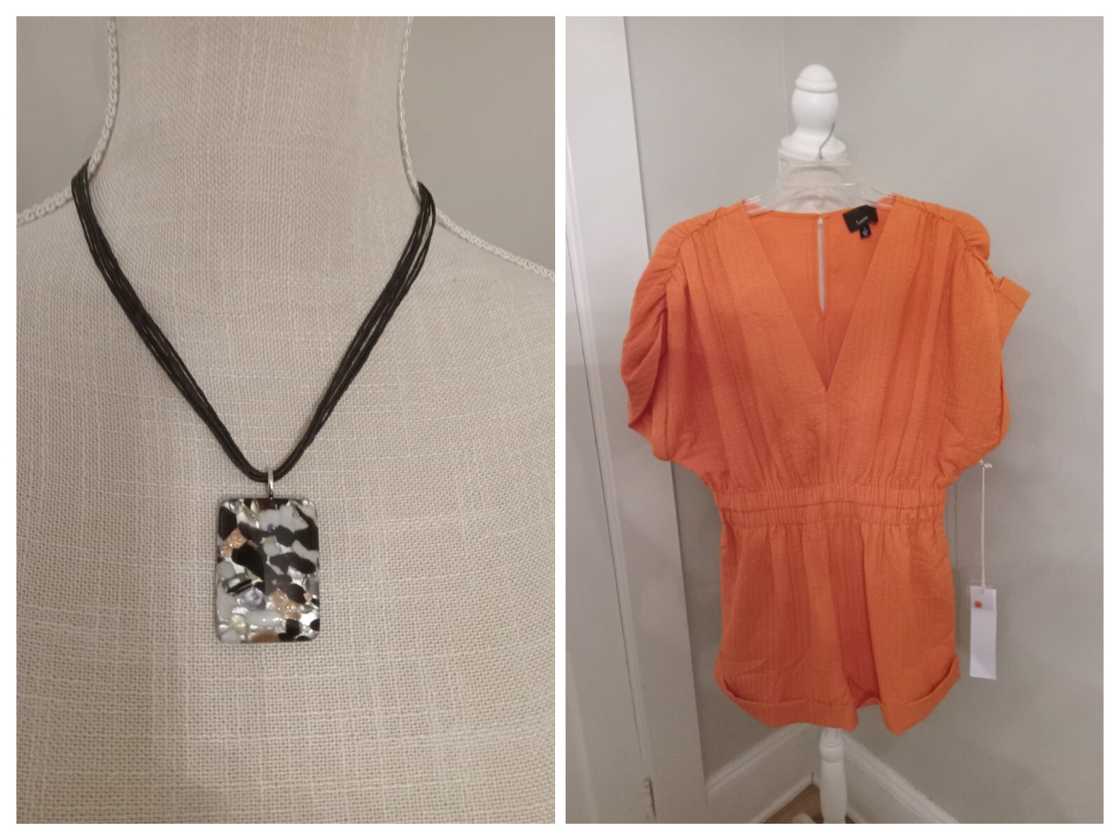 NWT Womens Lumiere Small Orange Short Sleeve Romper Bonus Confetti Necklace