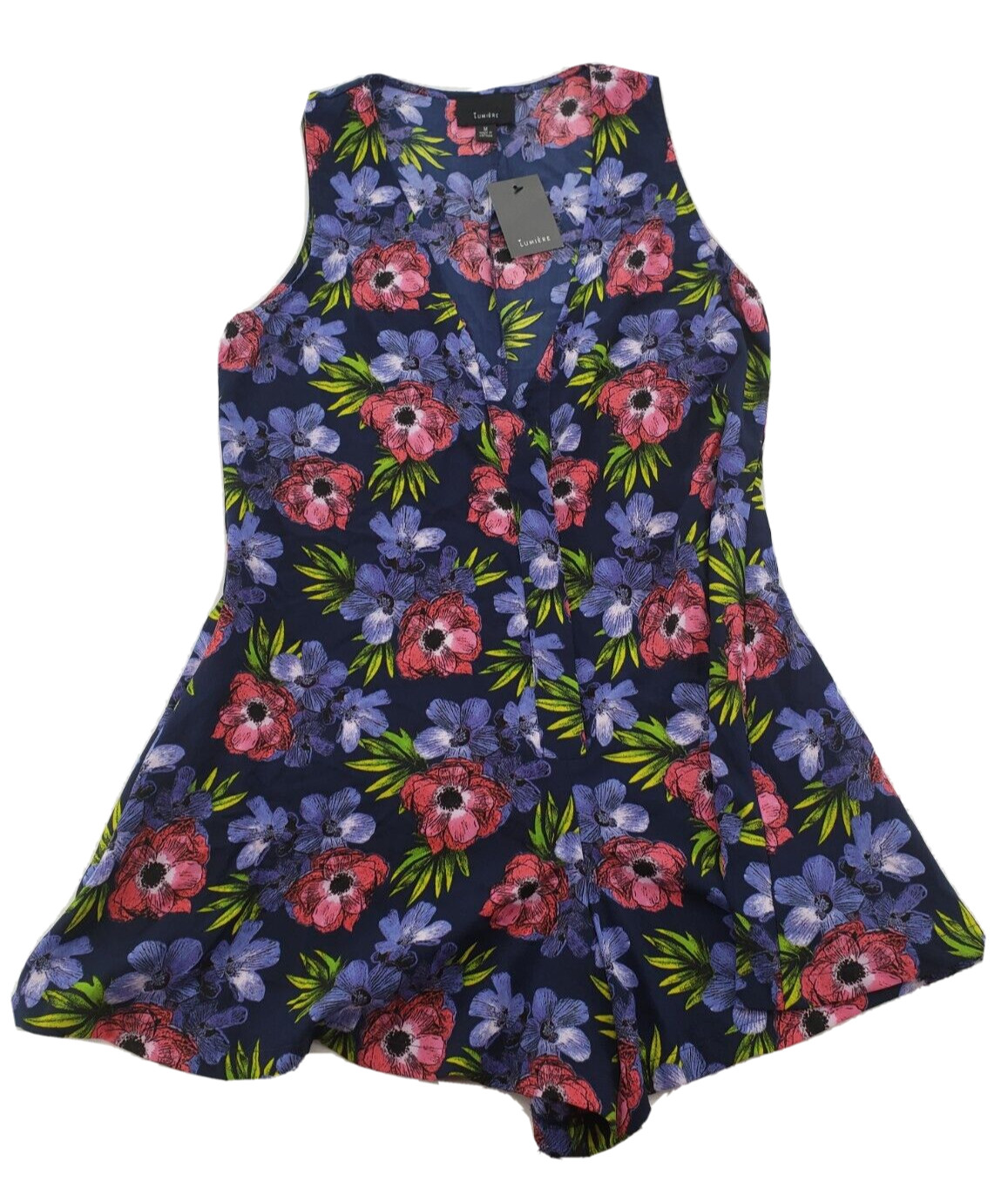 Lumiere Womens Size M Navy Blue Floral Flowy Sleeveless Romper With Shorts NWT