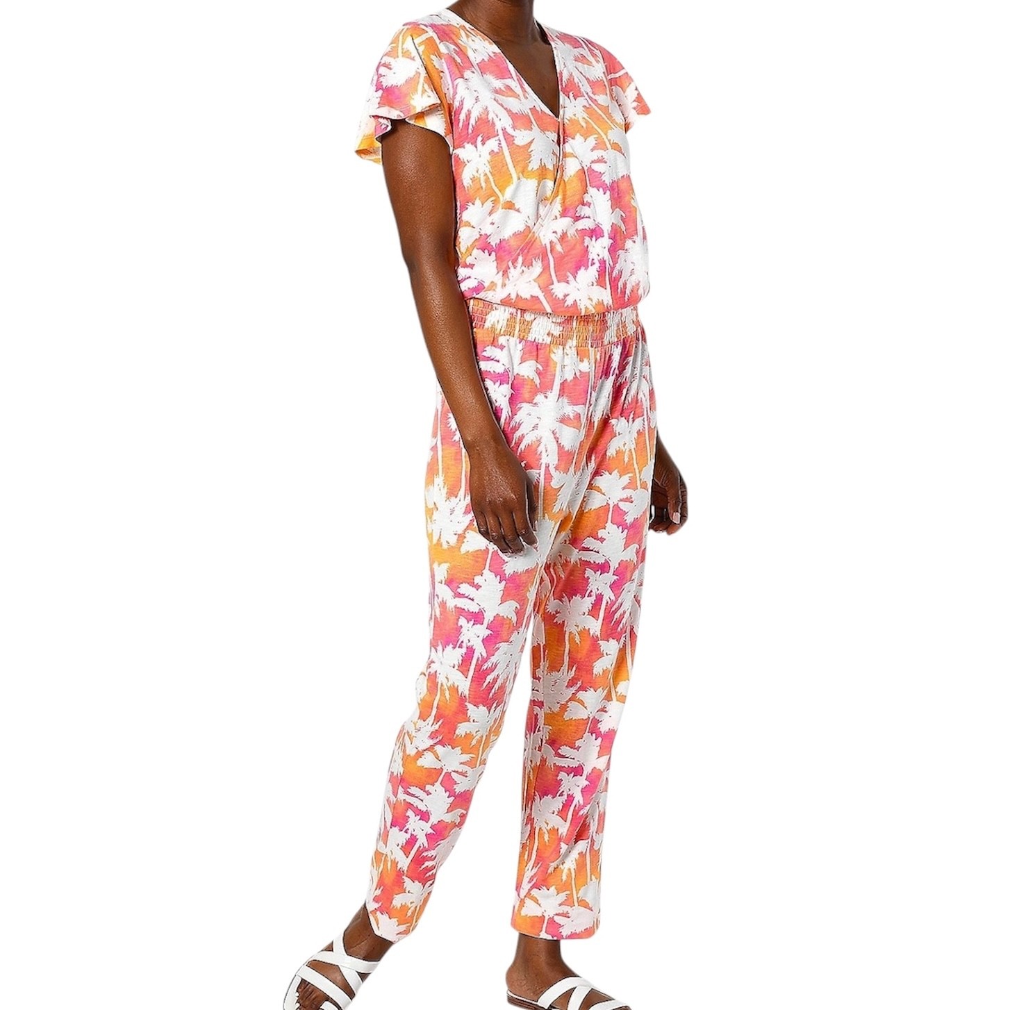 New Sunkissed Palm Tree Print Flutter Sleeve V-Neck Jumpsuit Orange Pink Large