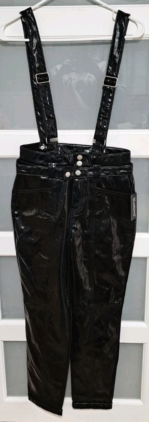 NEW Blank NYC Black Shiny Overalls Junior Size 28 Snap Buttons Gothcore Emo