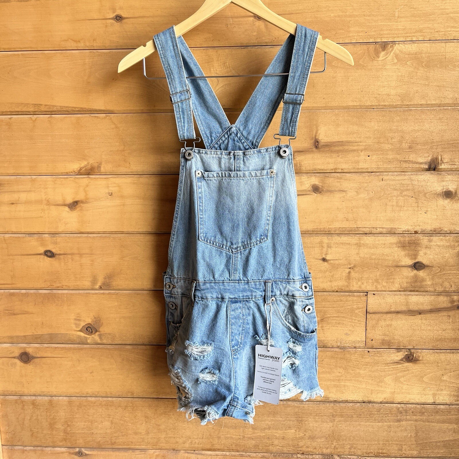Highway Jeans Shortalls Lightwash Distressed Frayed Raw Hem Overalls Large NWT