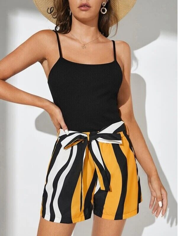 Shein Black White Yellow Striped Rib Knit Belted Cami Romper Size Small A3009