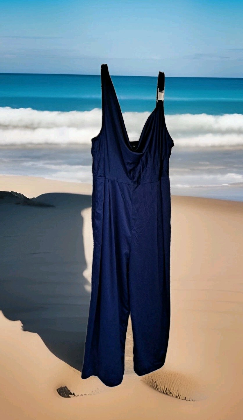 Cider Blue Satin Jumpsuit 4XL Asymmetrical Cowl Neck Strap Buckle Side Zip NWT