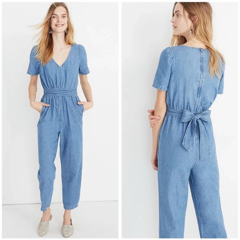 Madewell Women’s V-neck Linen Cotton Blend Belted Chambray Jumpsuit Size 2