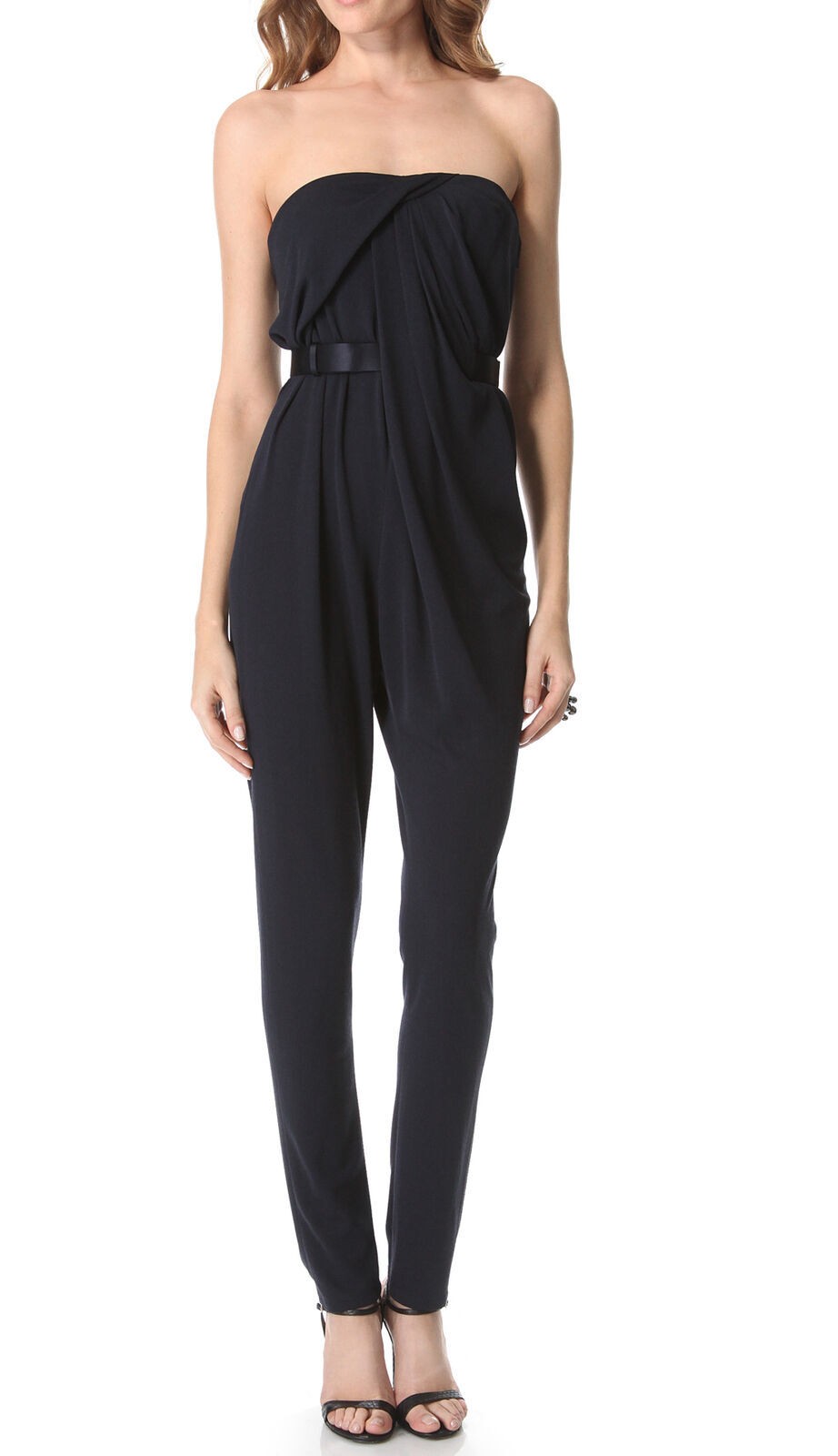 Halston Heritage Strapless Belted Jumpsuit SZ 2 Navy $545