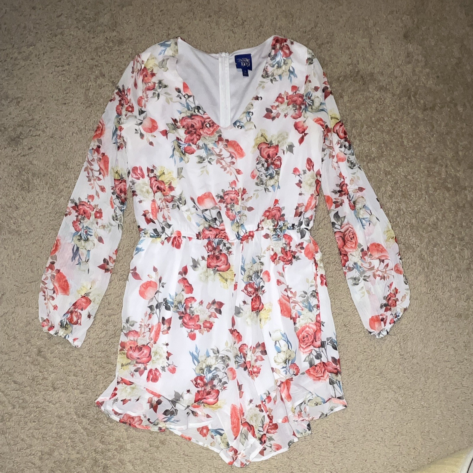 Beauty and the Beast Floral V-Neck Long Sleeve Ruffle Romper White S