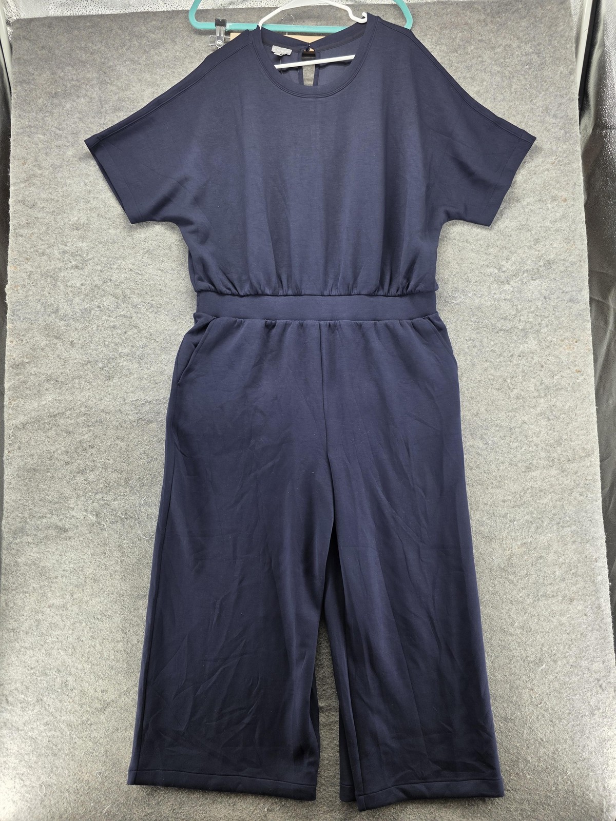 T By Talbots Jumpsuit Womens XL Blue One-Piece Crew Neck Short Sleeve Pockets