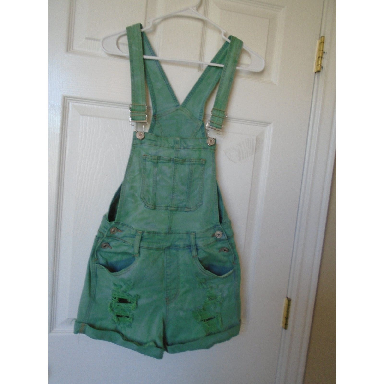 Tie Dyed Bib Overall Shorts size 8 distressed Teal color