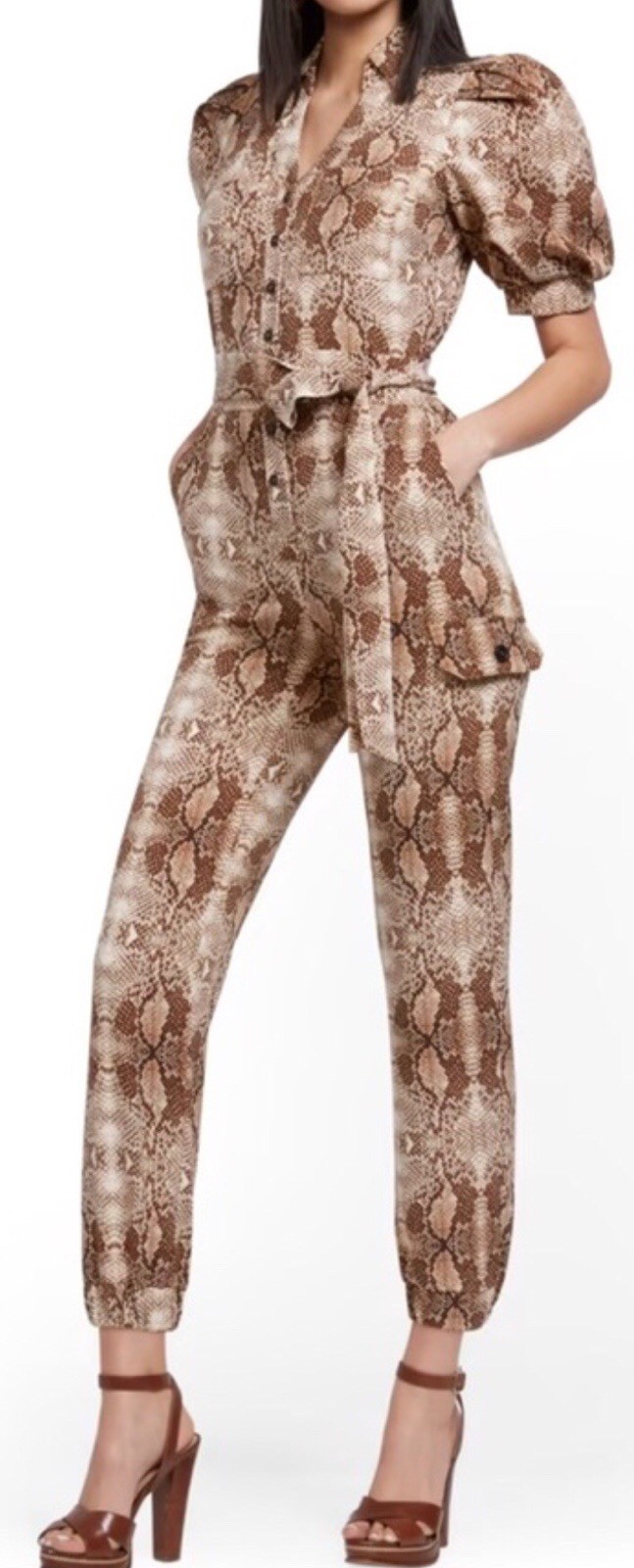 New York & Company Jumpsuit Womens Small Tan Snakeskin Cargo Pocket Sexy Chic