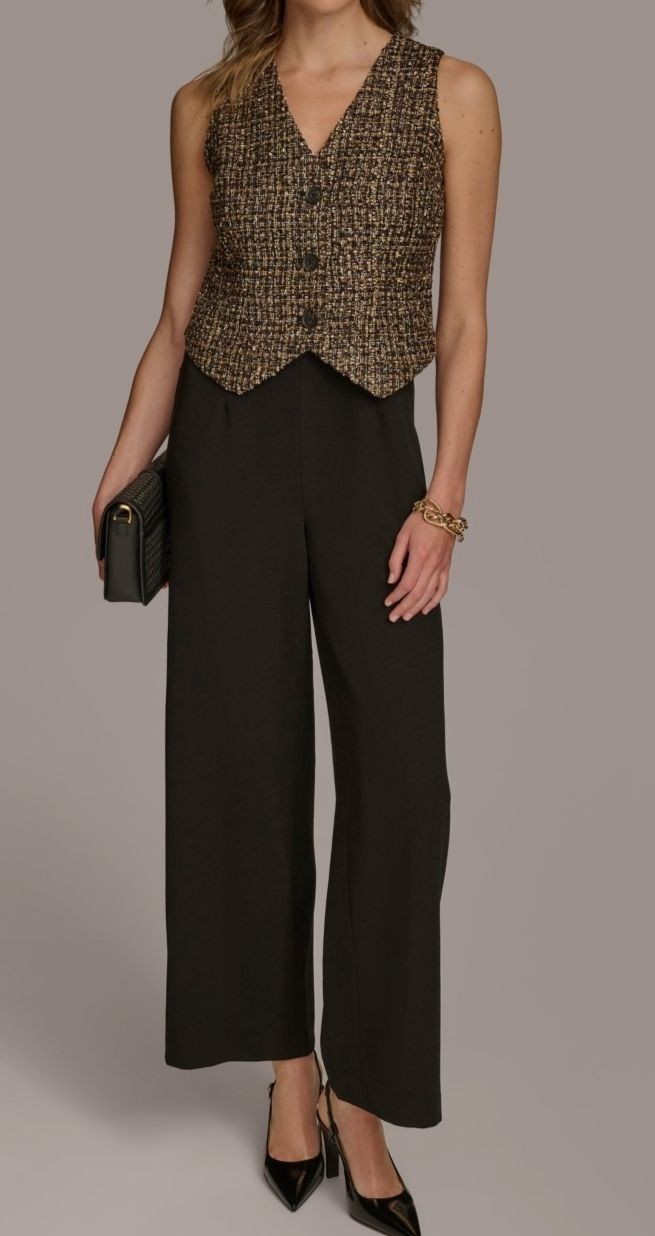 Donna Karan New York Women’s Black Tweed-Bodice Wide-Leg Jumpsuit Size 12