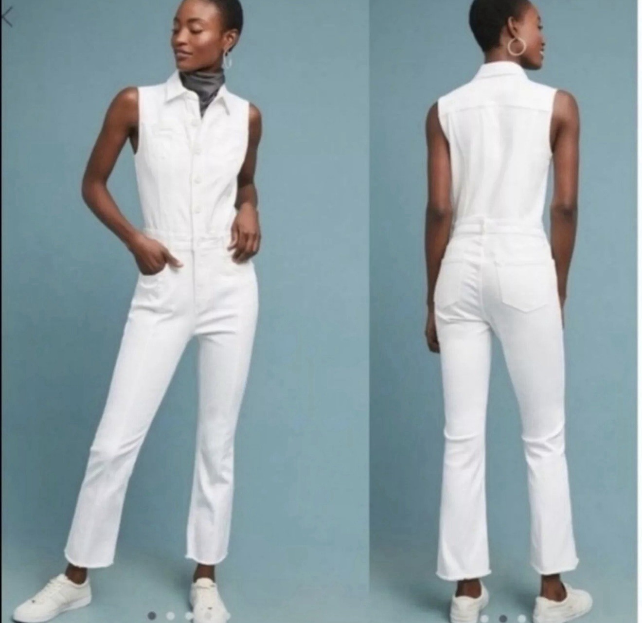 New! Pilcro by Anthropologie White Denim Letterpress Jumpsuit. Size 12