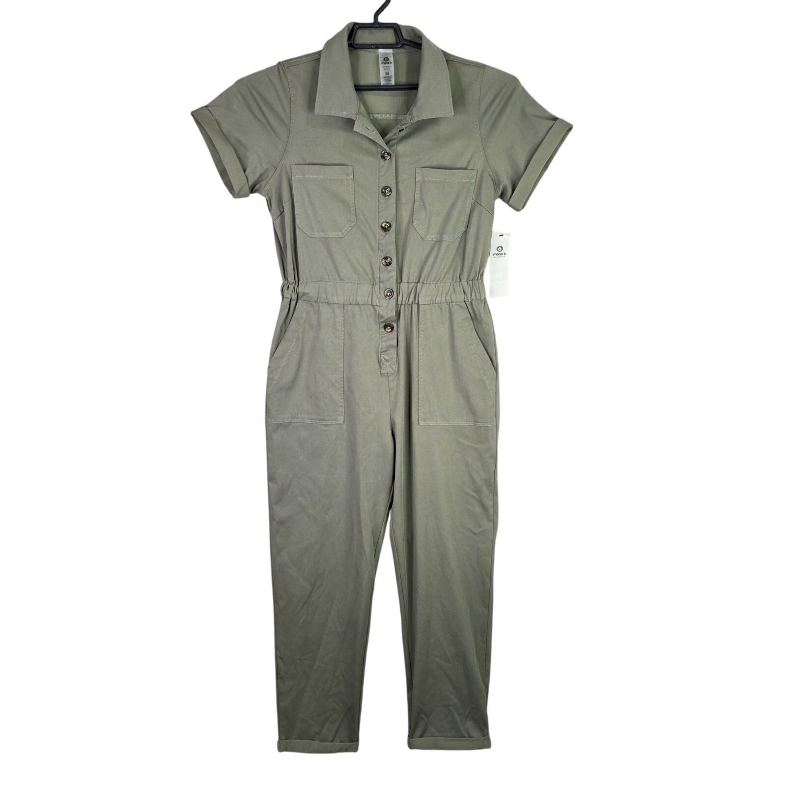 Womens Mono B Olive Green Utility Jumpsuit Button Up Front Short Sleeves Size M