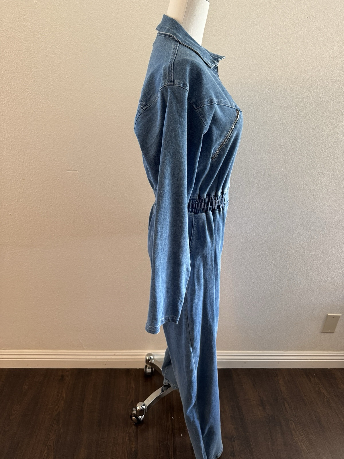 Unique Vintage Stretch Light Blue Denim Jumpsuit Zip Front 70s 80s Retro Pinup