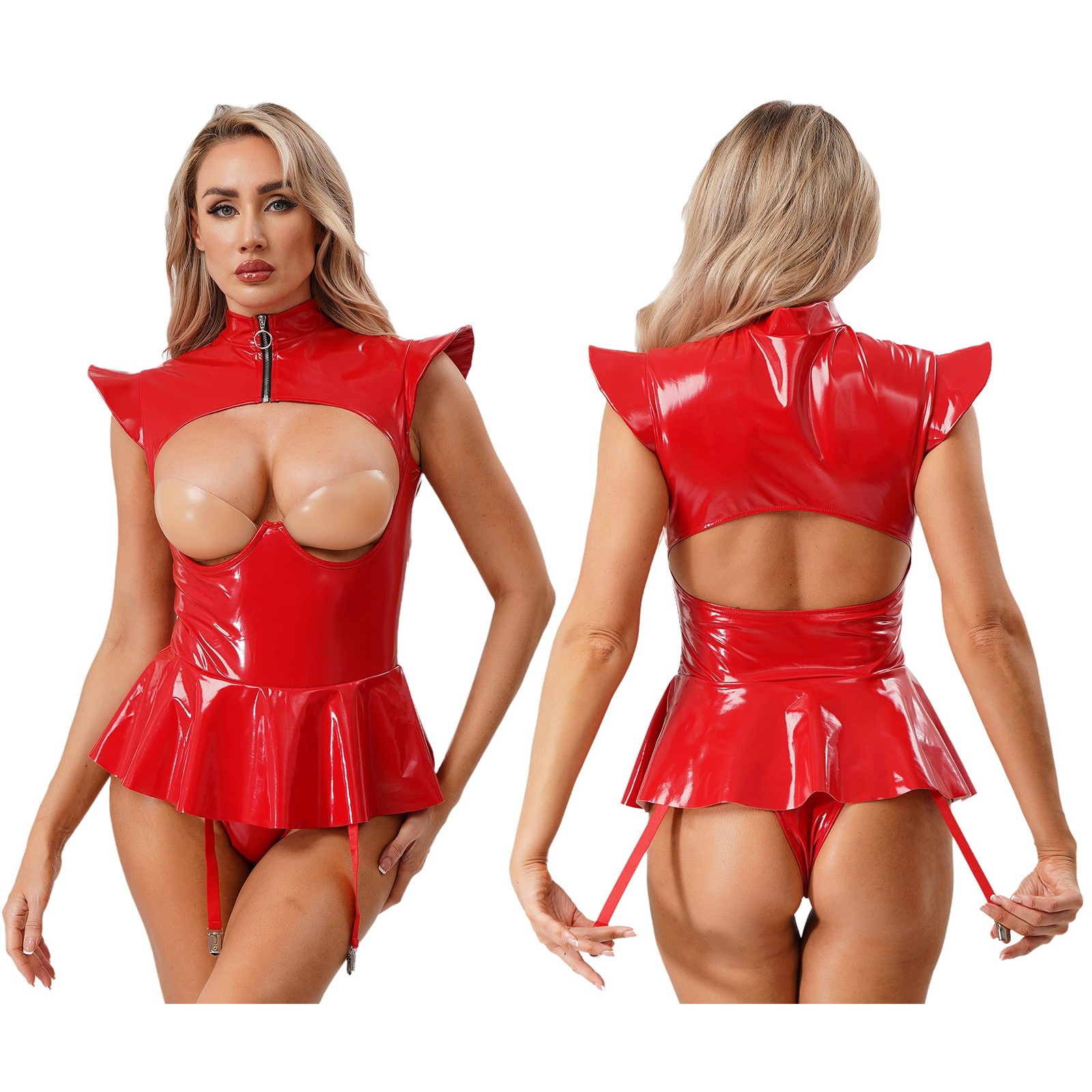 Womens Patent Leather Front Zipper Bodysuit Wetlook Jumpsuit Leotard Clubwear