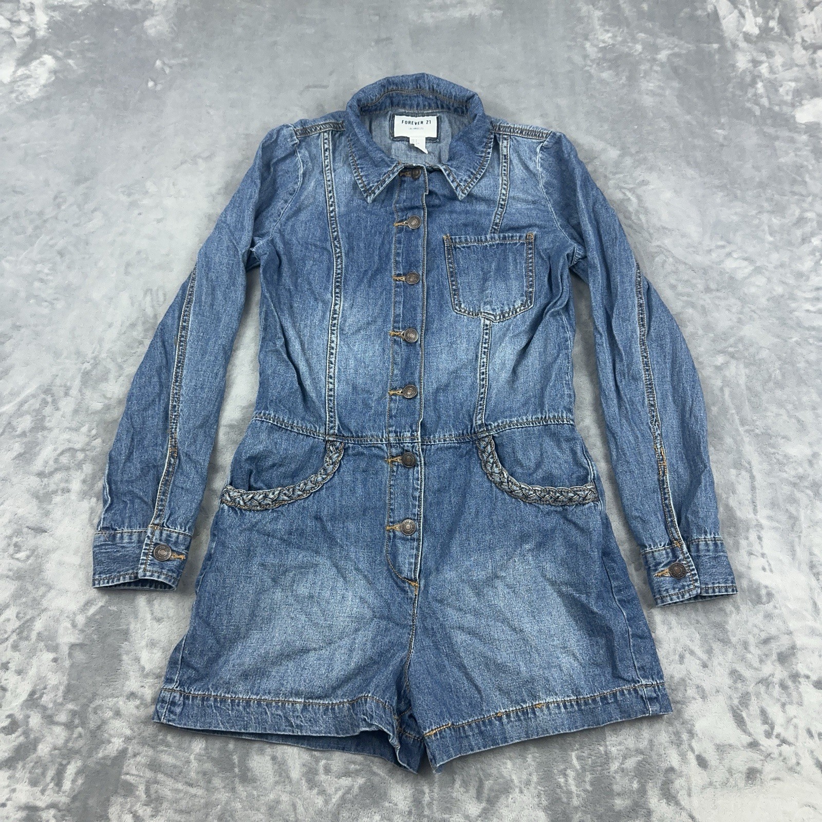 Forever 21 Denim Romper Jumpsuit Braided Pocket Button Front Long Sleeve Size S