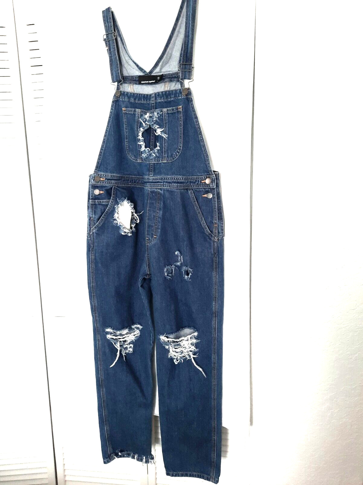 American Apparel Tomgirls 100% Cotton Distress Denim Blue Jeans Overalls Size L