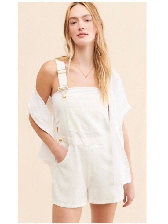 Anthropologie WeWoreWhat 100% Linen Sleeveless Short Overalls Romper White Small