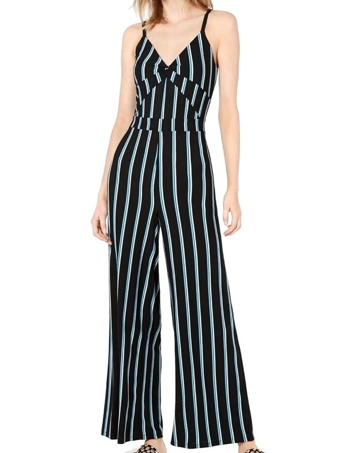 Bar III Jumpsuit Women 14 Black Blue Striped Twist Front V Neck Wide Leg