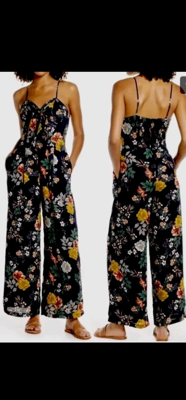 NWT Chelsea 28 Jumpsuit Navy Blue Floral Spaghetti Strap Tie SZ Large