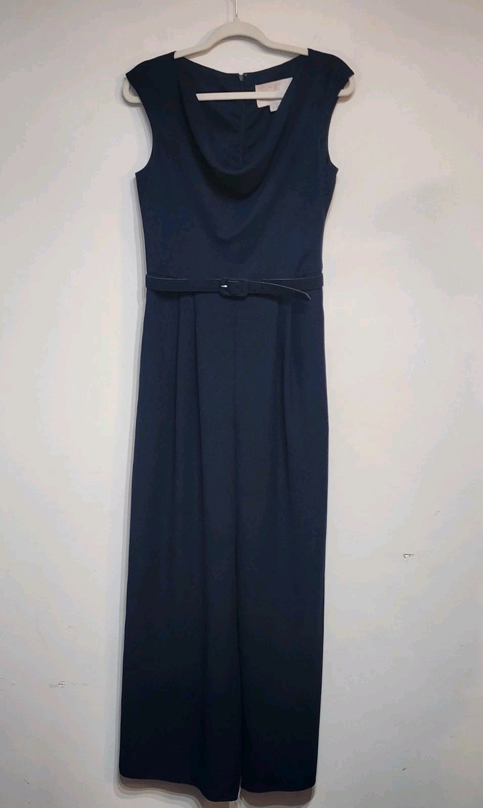 Gal Meets Glam Delia Cowl Neck Navy Jumpsuit Sz 8 Wide Leg Belt Elegant Timeless