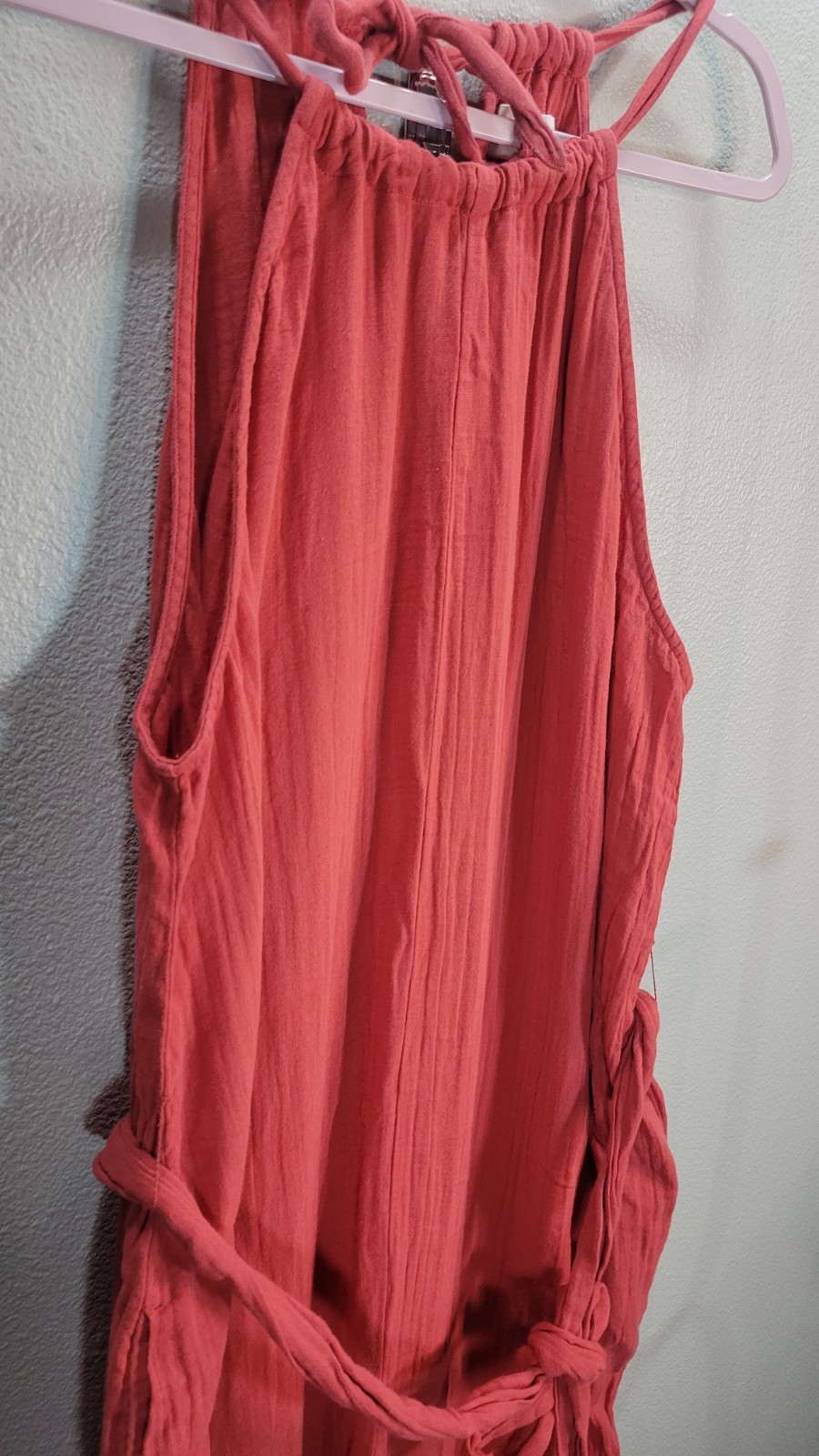 Pact Organic Cotton Coral Halter Jumpsuit L Wide Leg Tie Waist Sustainable