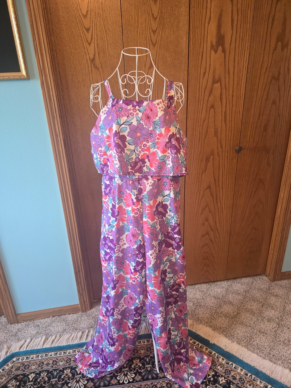 Ladies Floral Wide Leg Jumpsuit Size L 10–12 Sleeveless 100% Polyester
