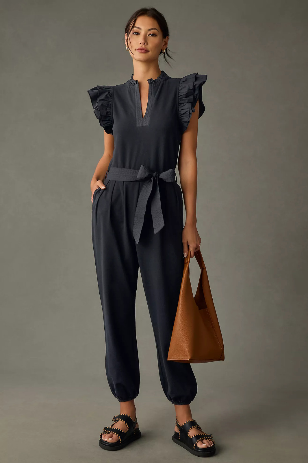 *M, L* -NWT Anthropologie Navy Blue Sundays Willow Ruffle Tie Jumpsuit- $176 NEW