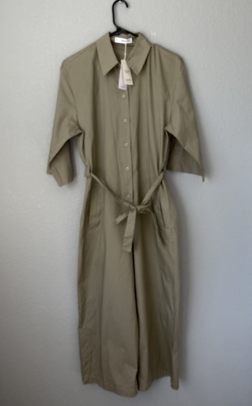 Mango Womens US S Khaki Utility Jumpsuit Belted Wide Leg Sustainable Cotton NWT