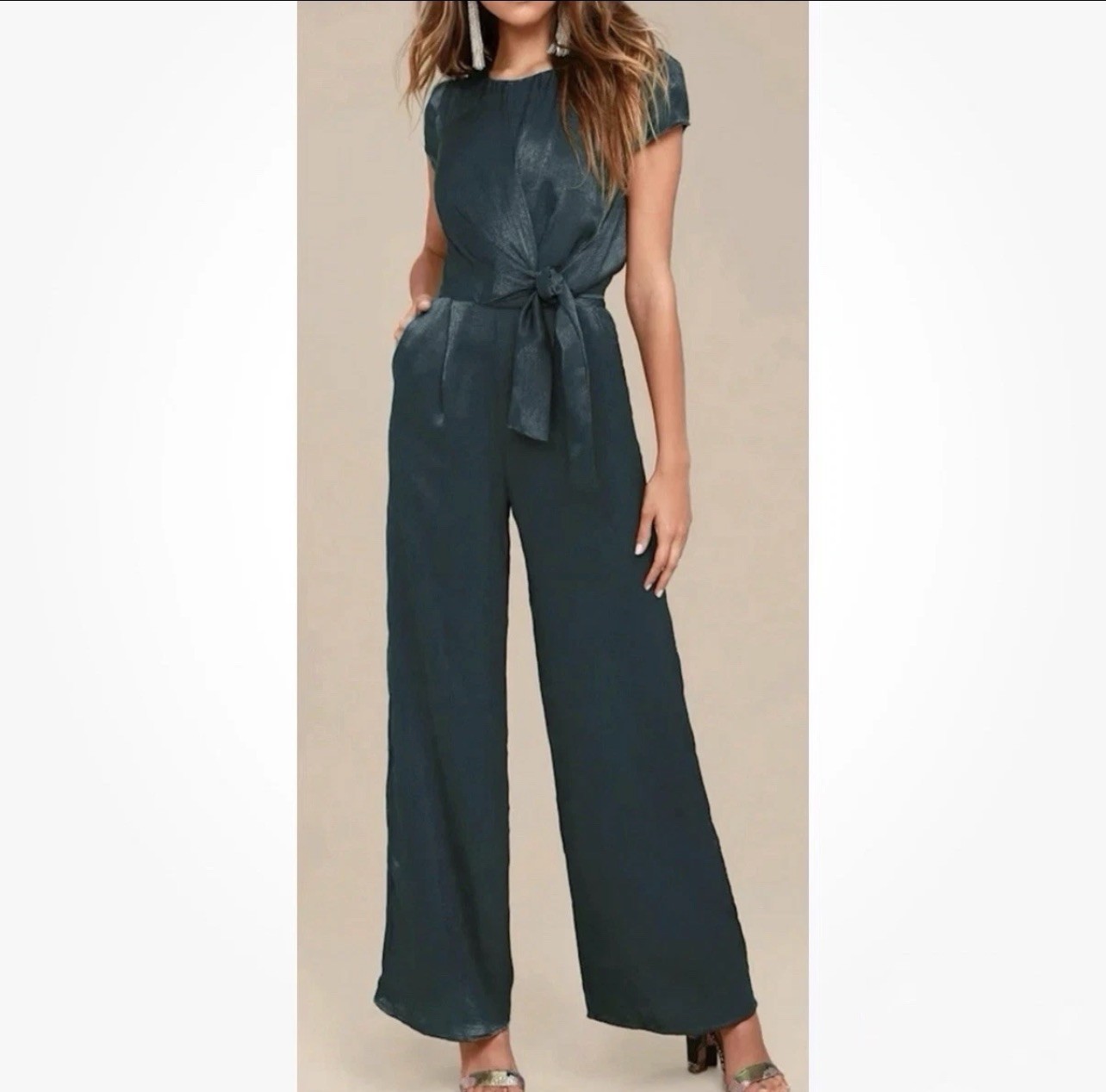 Lulus Let Me Entertain You Dark Green Satin Wide Leg Jumpsuit Size XL Party NWT