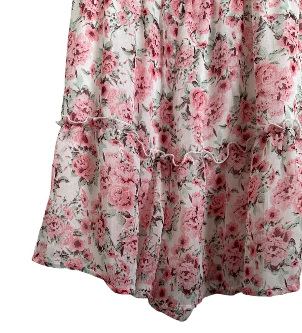 TRIXXI Junior’s Floral Romper Flare Ruffle Lined Size L White w/ Pink Flowers