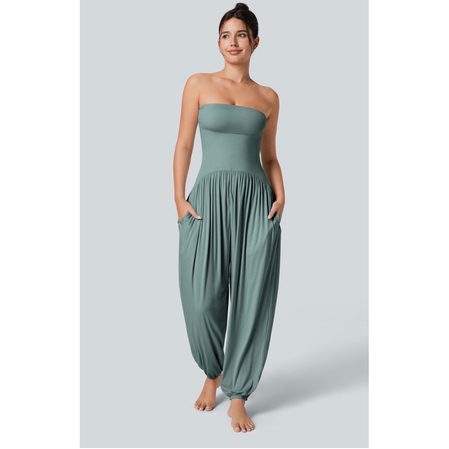 Halara Tube Backless Jumpsuit Small Green Cuffed Leg Pockets Relaxed Fit