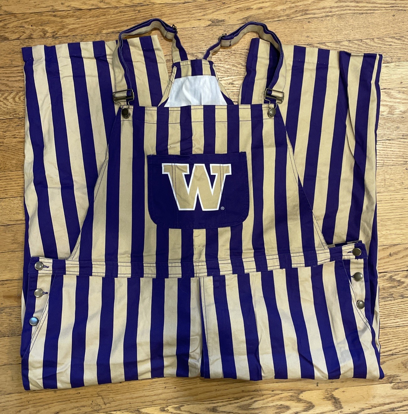 UW Game Bibs Overalls Adult XXL Purple Gold/Tan Striped Fan Gear Go Dawgs!