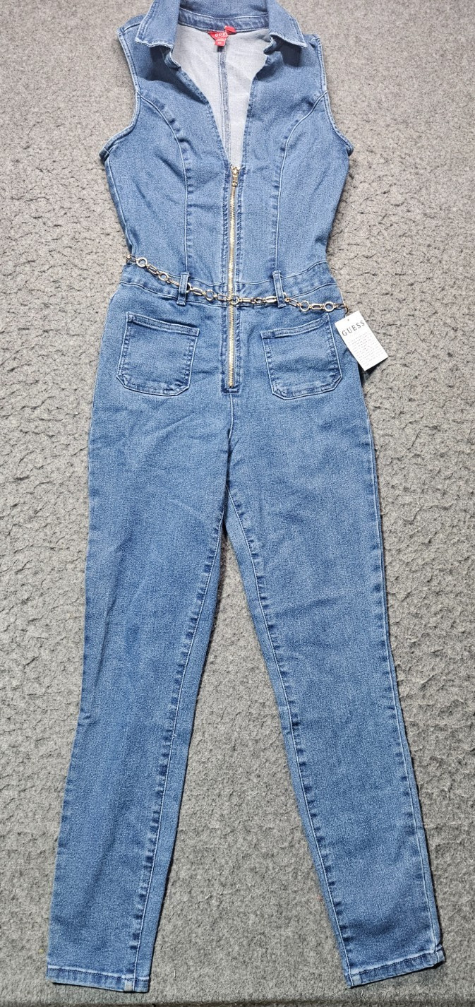 Guess blue denim 1 pc collar zip up jumpsuit w/gold chain belt women size XS NWT