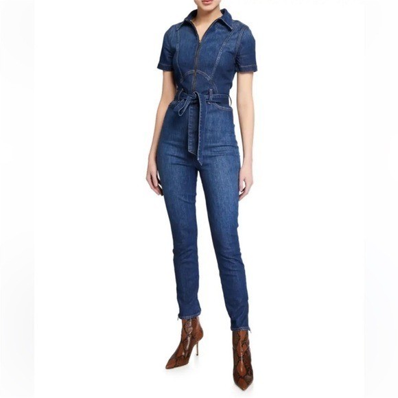 Alice + Olivia Gorgeous Denim Catsuit Belted Stretchy Memory Lane Blue Size 29