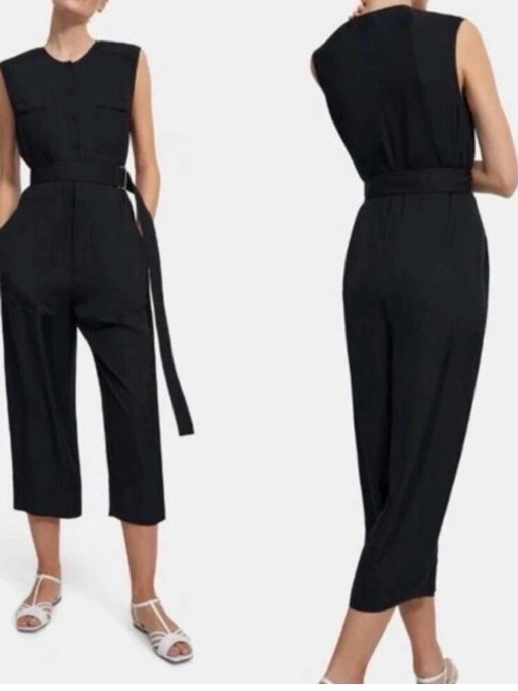 Theory Black Cargo Flat twill Sleeveless Cropped Jumpsuit with Belt
