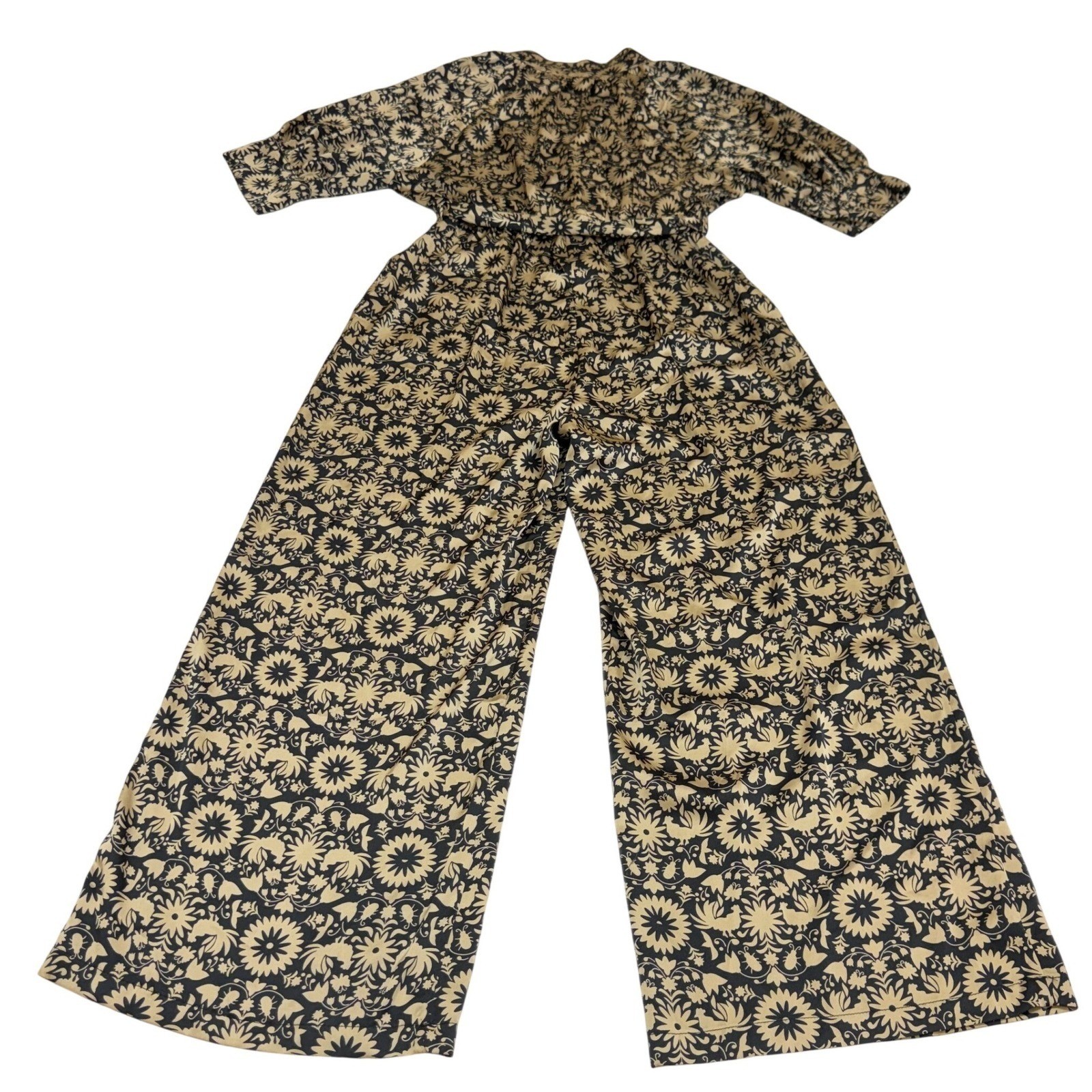 MELLODAY Jumpsuit Womens Small Black Tan Floral Boho Wide Leg V Neck 70s Retro
