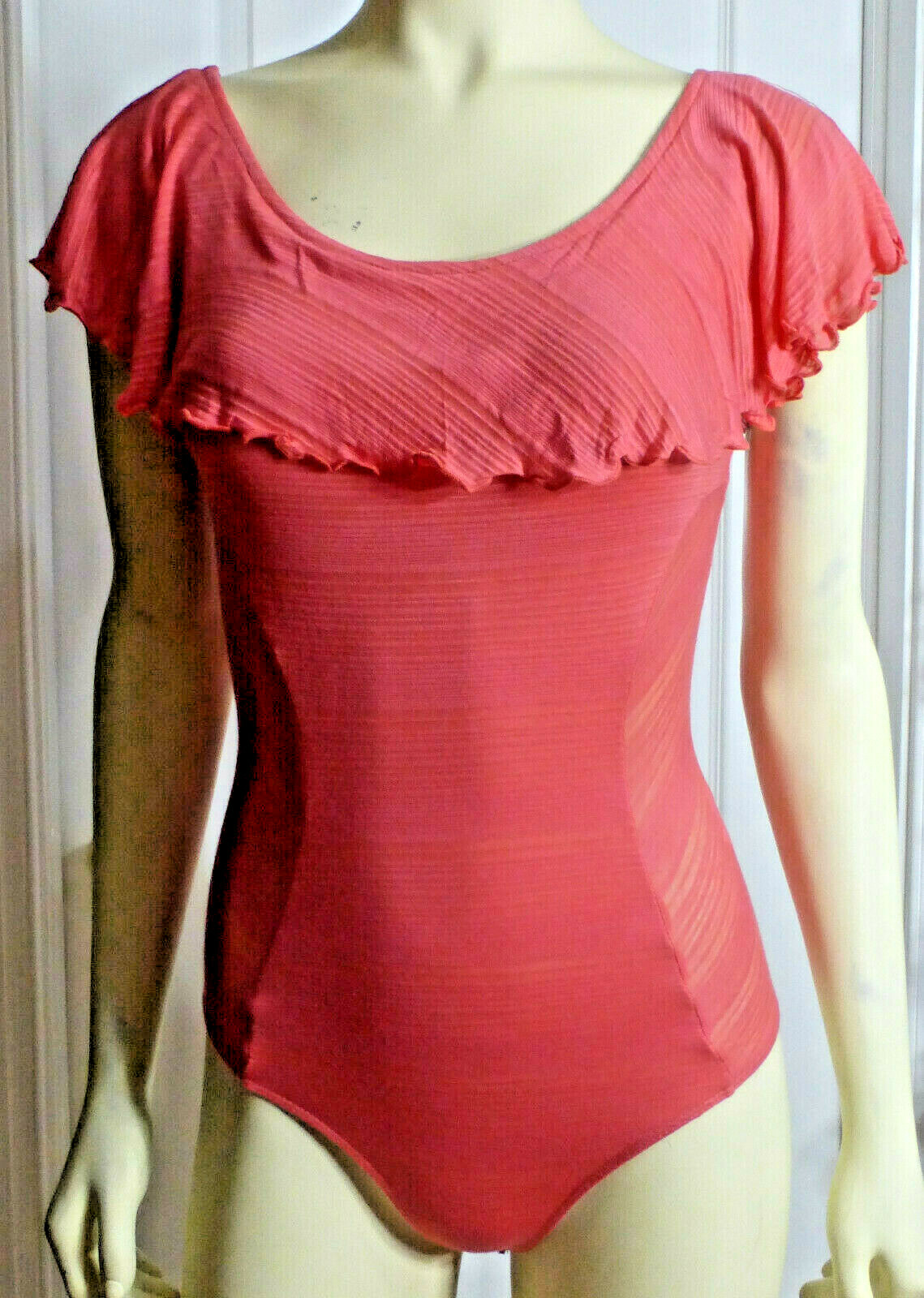 BeBe Burnout Stripe Ruffle Bodysuit One Piece Snap Closure, Salmon XX-Small, NWT