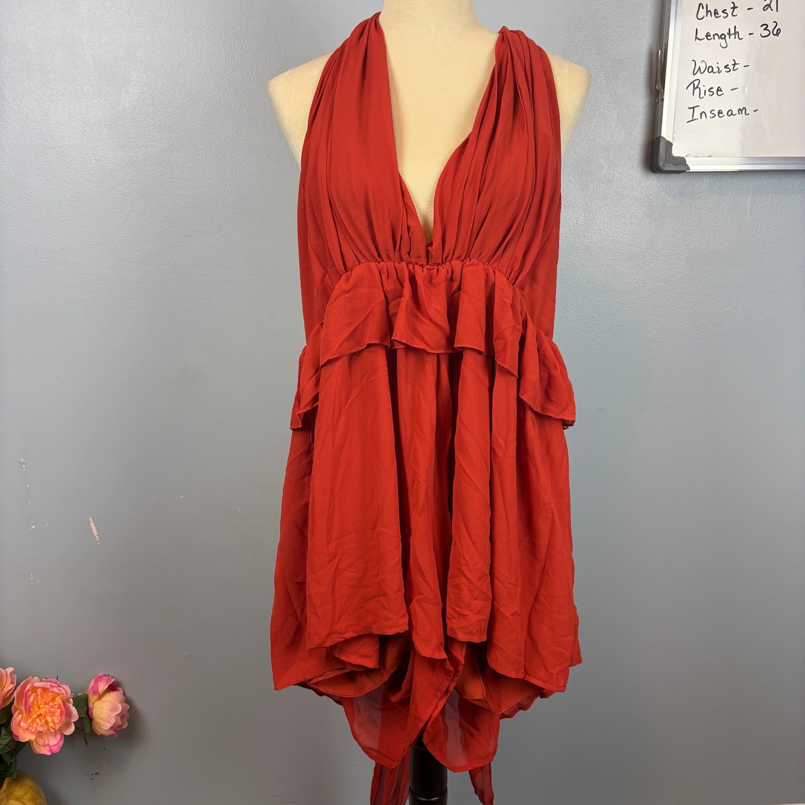 Love University Short Romper Rust Plunge Neckline Ruffle Flowy Hippie Boho Large