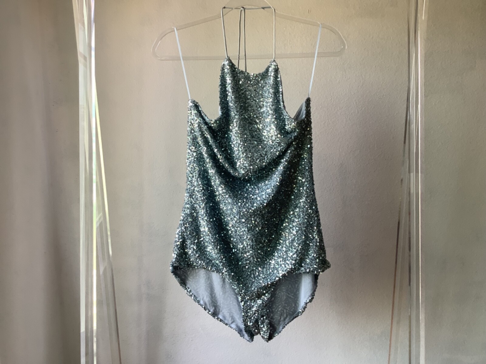 NWT ZARA ZW COLLECTION SS24 LIGHT BLUE SEQUIN HALTER JUMPSUIT LARGE 1067/850