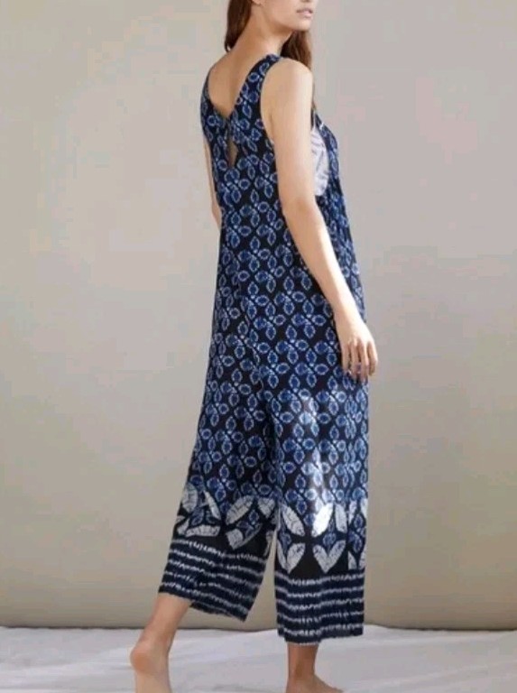 Anthropologie Bristol Wide Leg Jumpsuit Ikat Blue Sz S Flowy Boho Coastal-core