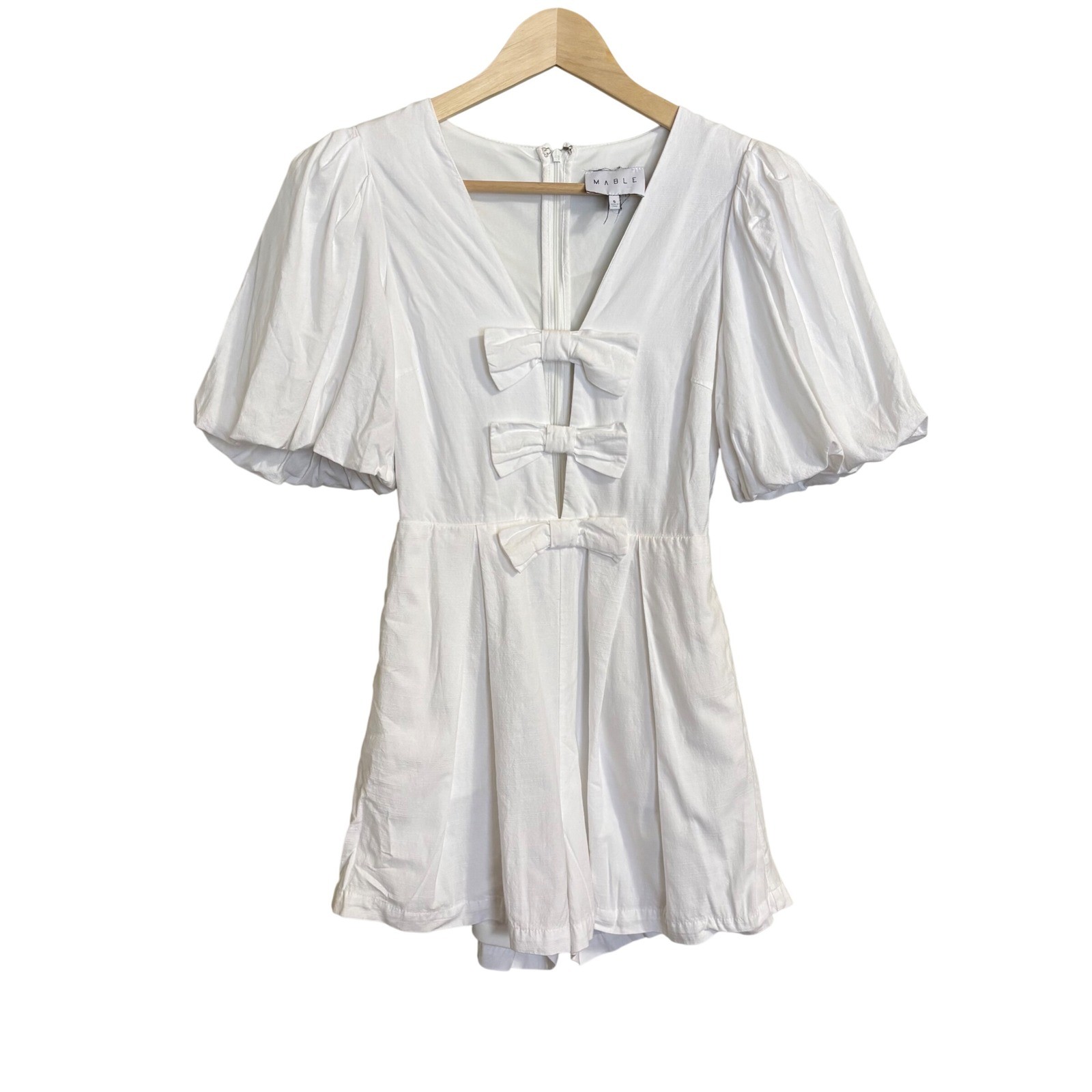 Mable White Bow Front Puff Sleeve Romper Small V-Neck Cutout Bridal Cottagecore