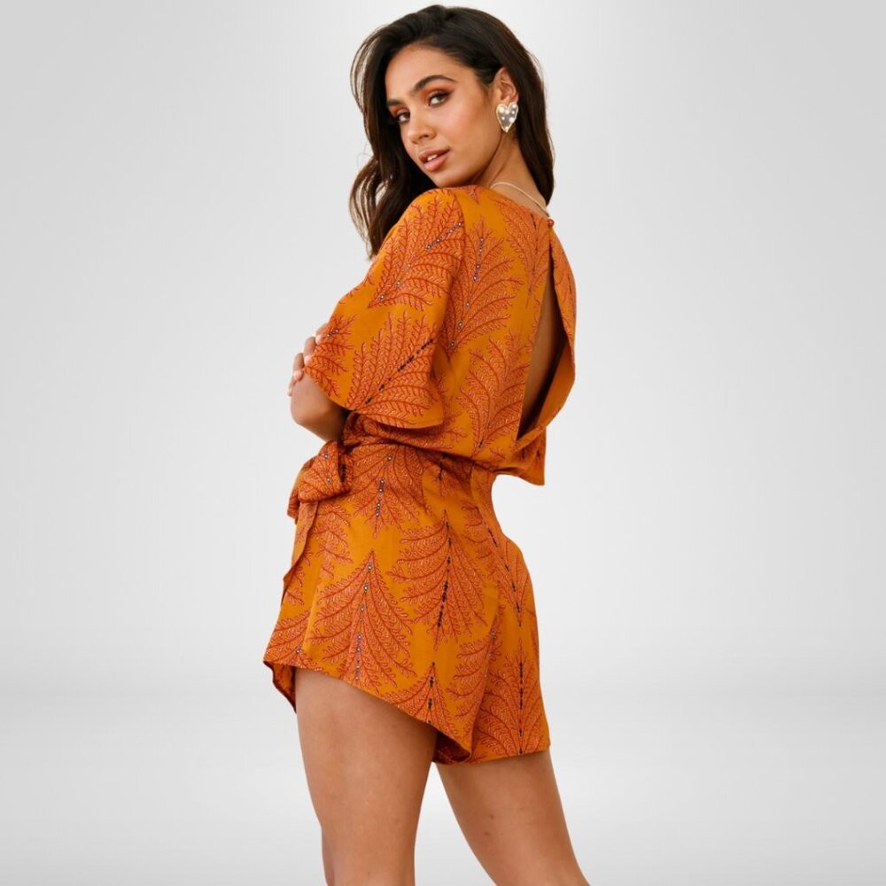 Saints + Secrets V-Neckline Wrap Romper Leaf Print Mustard Size Small