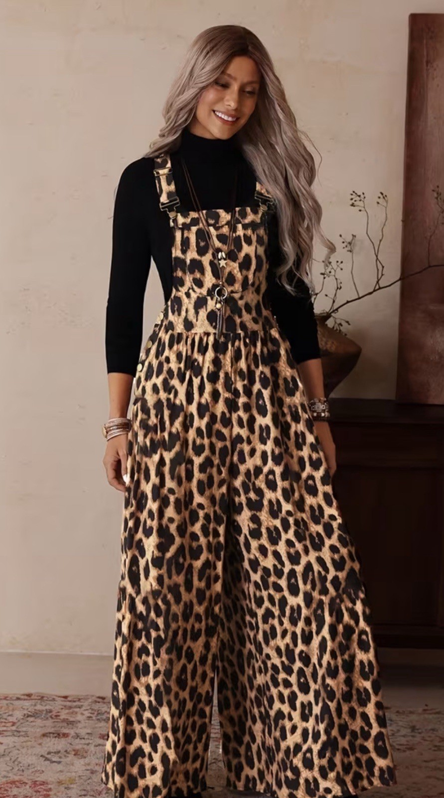 New Leopard Overalls Wide Pant Full Length Wide Leg Pants