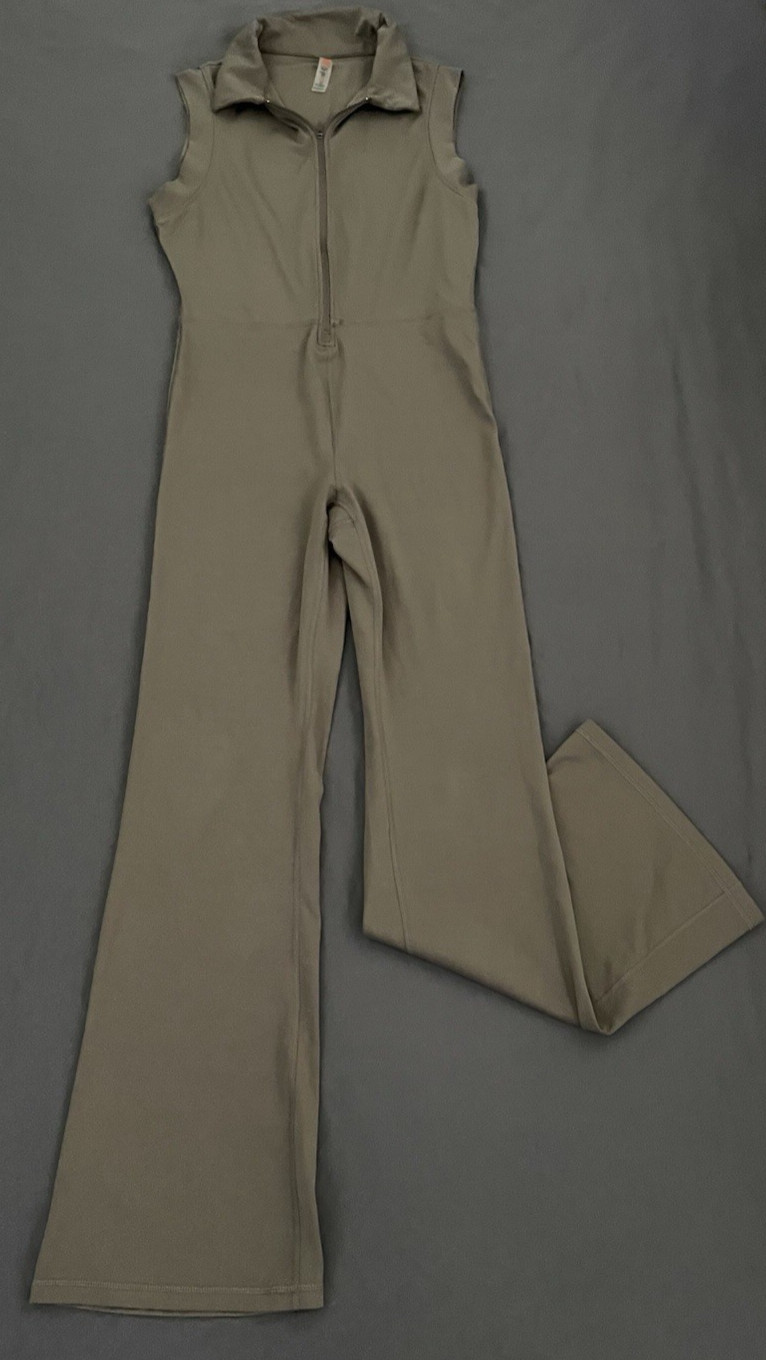 Mono B Blackout Jumpsuit Brown Womens Medium Sleeveless Zip Stretch Flare Leg