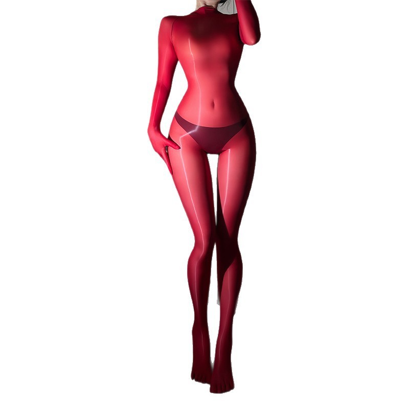 10D Seamless Silky Skin-Feel Bodysuit Oil Shiny Elastic Nylon Jumpsuit Catsuit