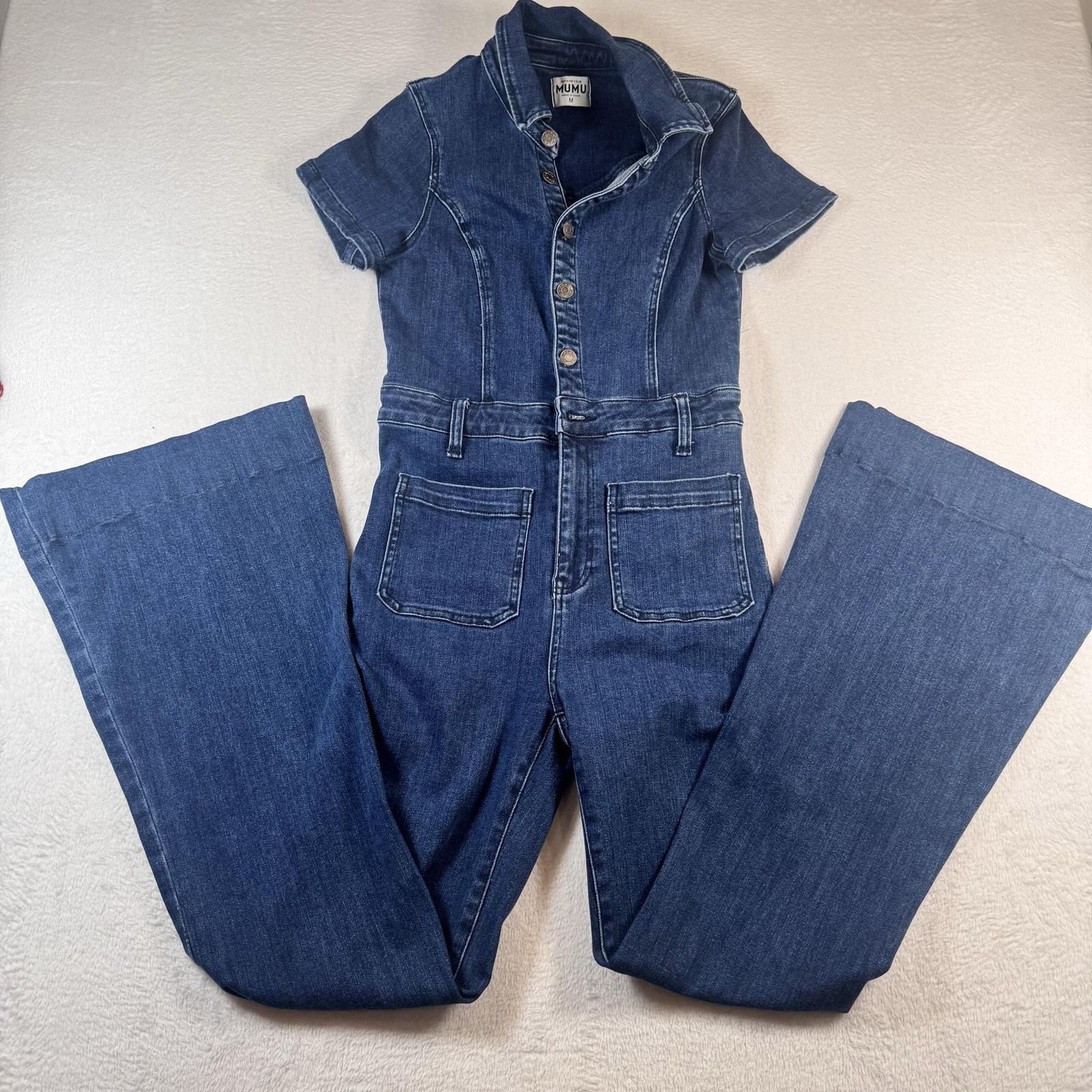 Show Me Your Mumu Womens Medium Everhart Denim Jumpsuit Lunar Blue Flare Leg