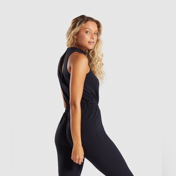 GymShark Solace Black Jumpsuit Size M Elastic Tie Waist Athleisure Loungewear