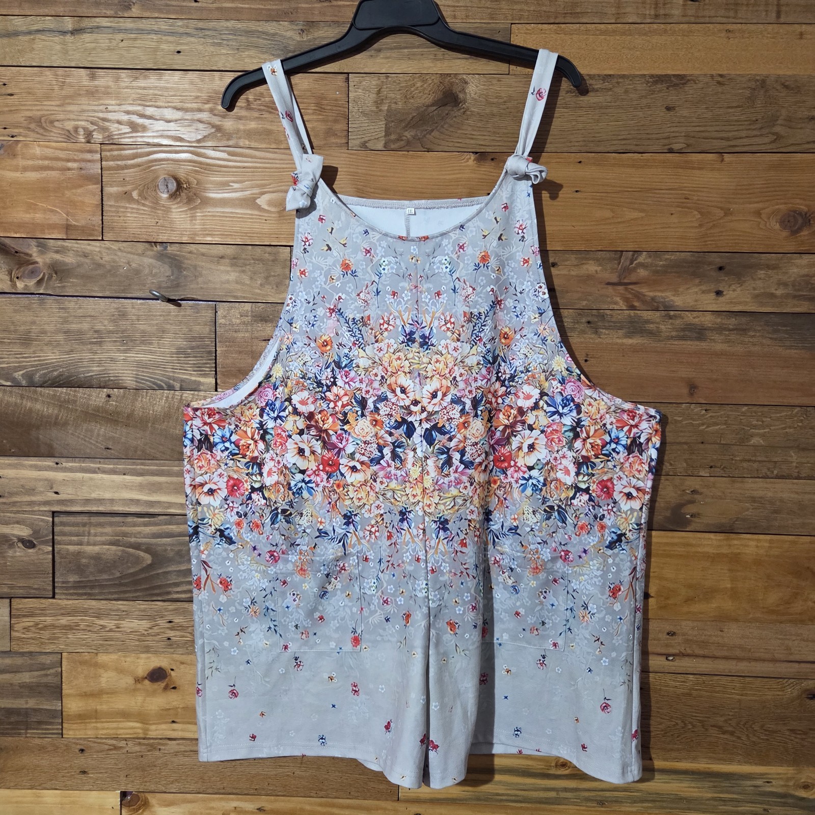 5XL Women’s Floral Romper Gray Sleeveless Two Front Pockets Stretch Playsuit