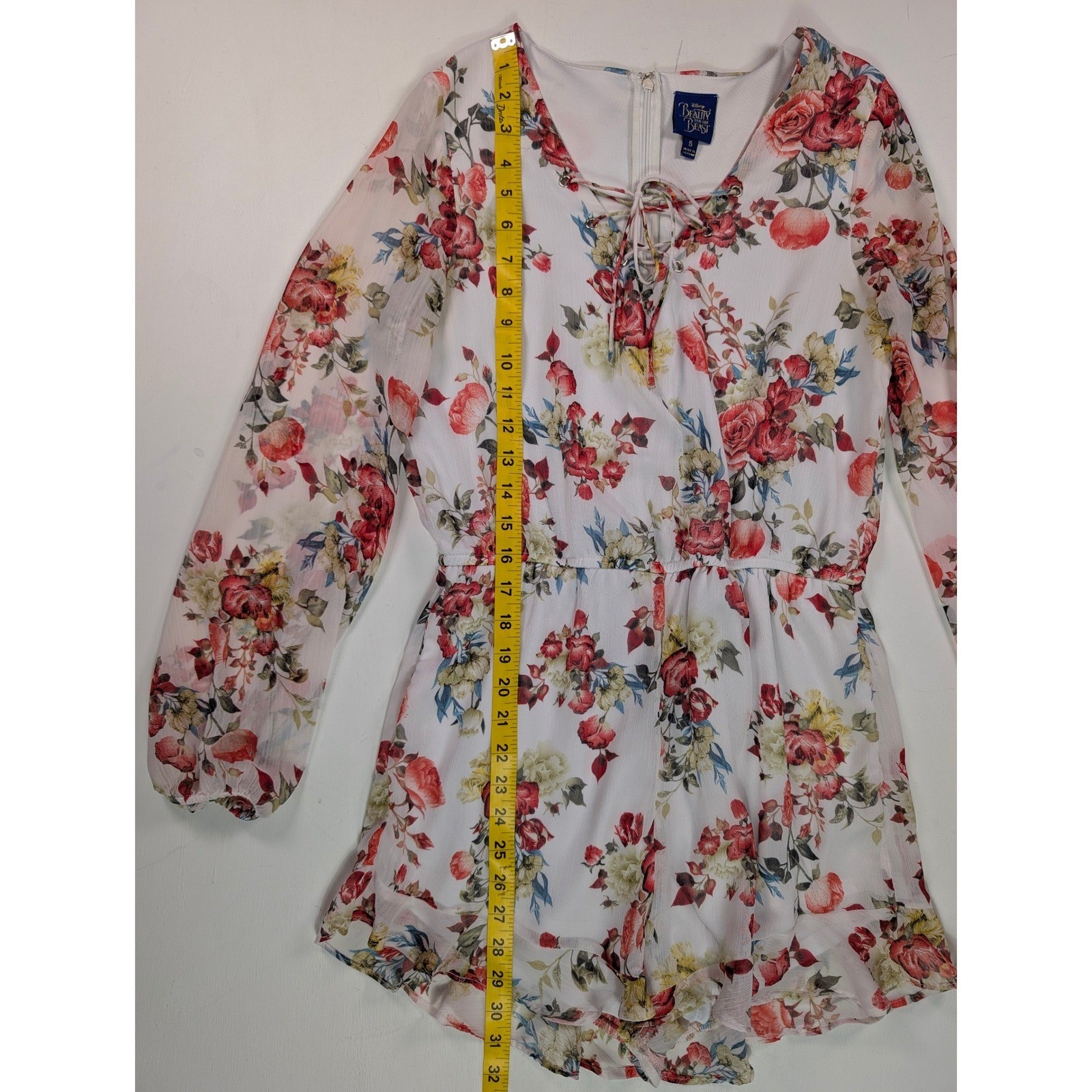 Disney Beauty and the Beast Floral Romper White Rose Lace Up Long Sleeve Small